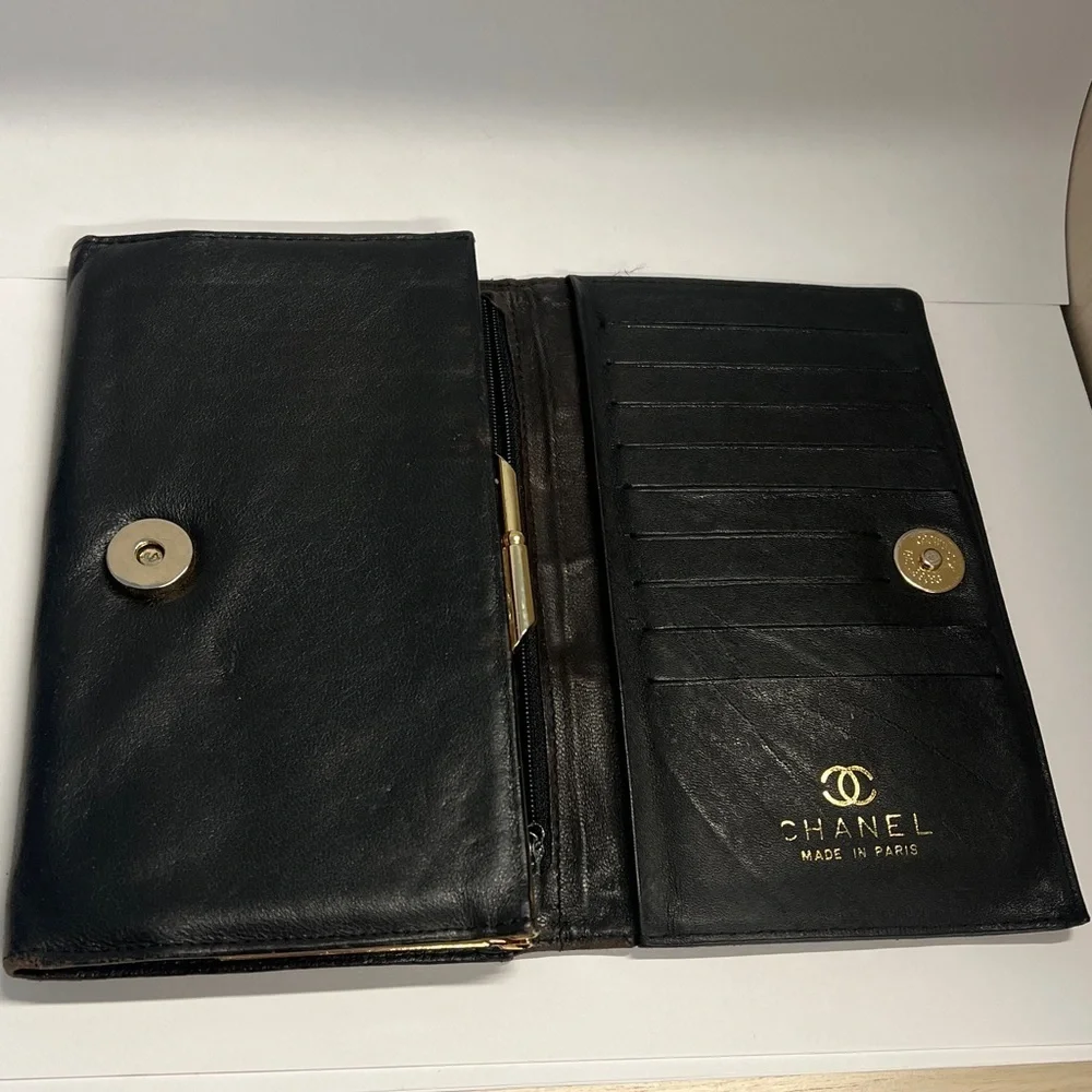 Black Leather Long Bifold Snap Clutch Wallet